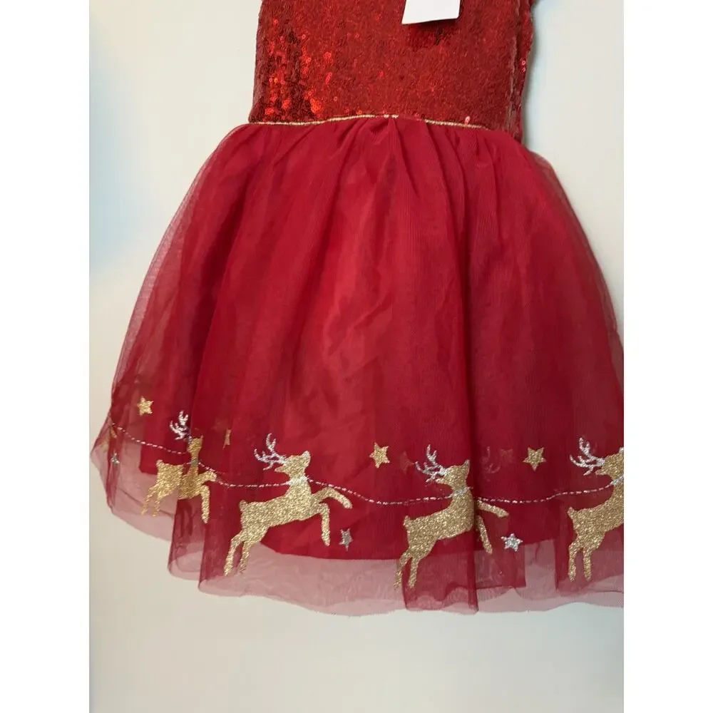 Zunie Red Christmas Sequins Reindeer Dress Tulle Girls Sz 5 NWT $74